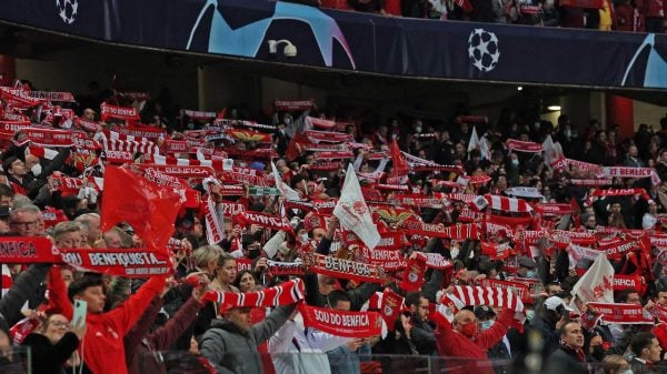adeptos do benfica com cachecois no estádio