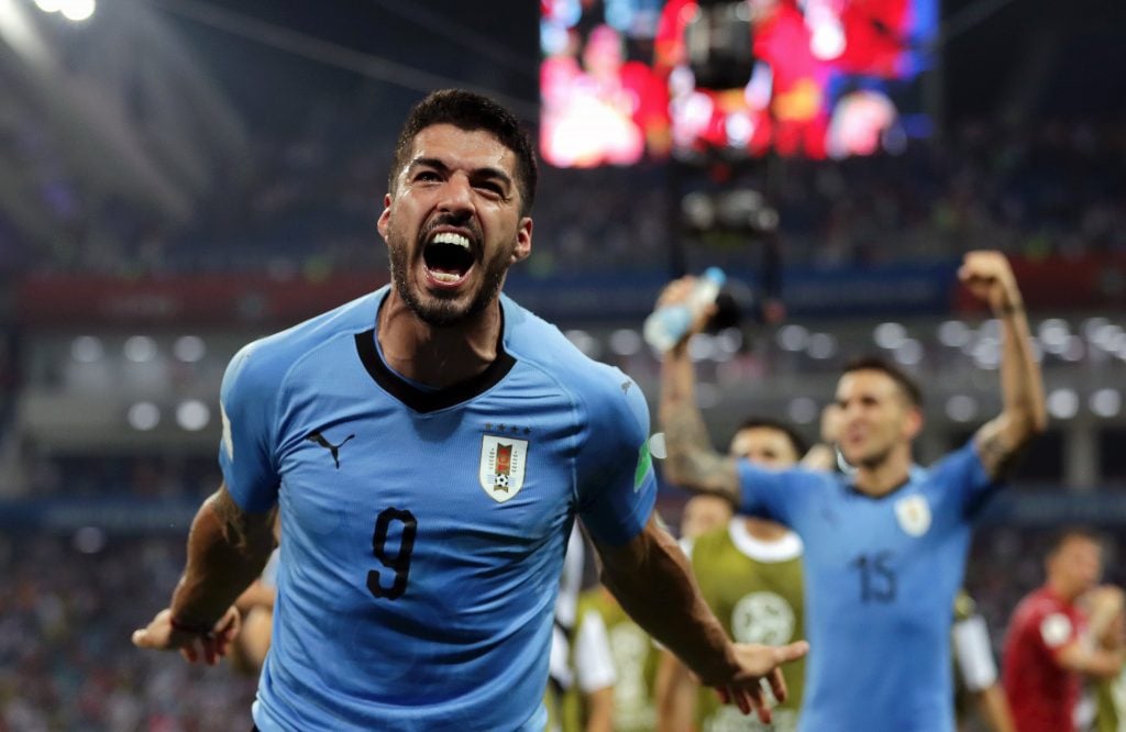 Luis Suarez jogador da selecção do Uruguai a celebrar um golo frente a Portuga no Mundial